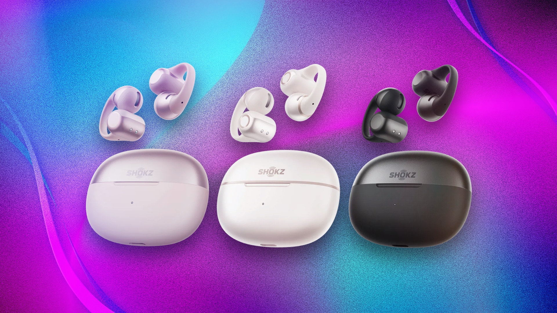 Shokz OpenDots 2 earbuds in three colors on a purple background
