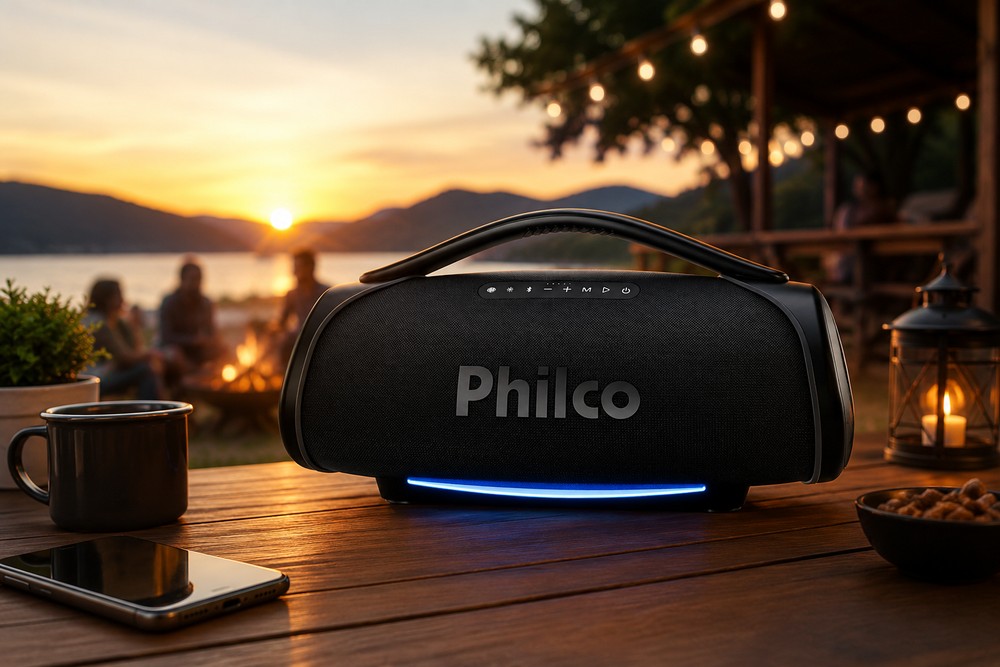 6 caixas de som tipo JBL Boombox 4, só que mais baratas — Foto: Philco/Cenário gerado com IA