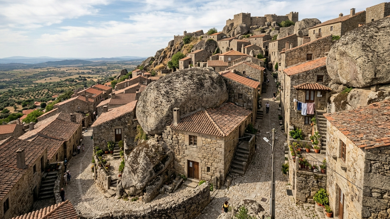 A vila portuguesa onde as casas foram construídas debaixo de pedregulhos, e o telhado de algumas é a própria rocha