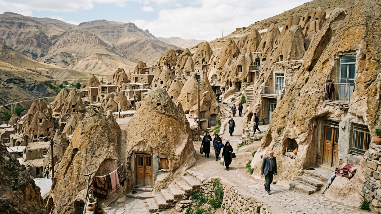 Um povoado iraniano ainda tem famílias vivendo dentro de cones de rocha vulcânica, com quartos, cozinhas e janelas escavados diretamente na pedra