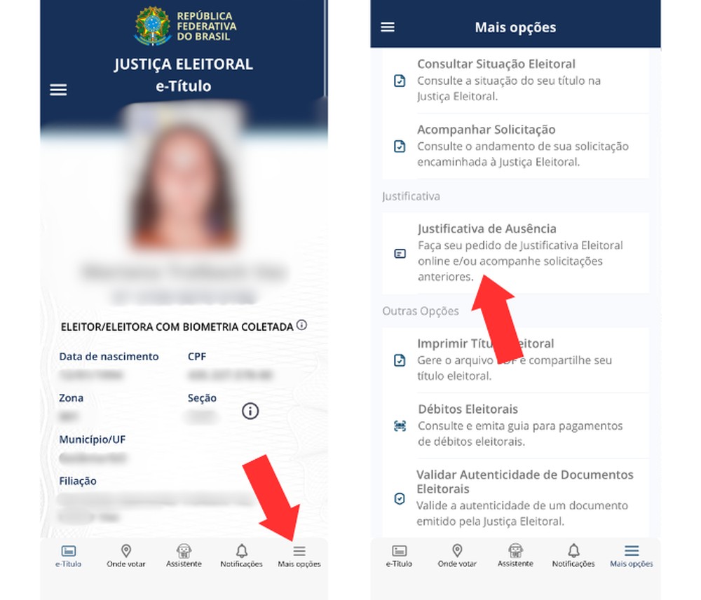 Primeiro passos para justificar ausência no app e-Título — Foto: Reprodução/Mariana Tralback