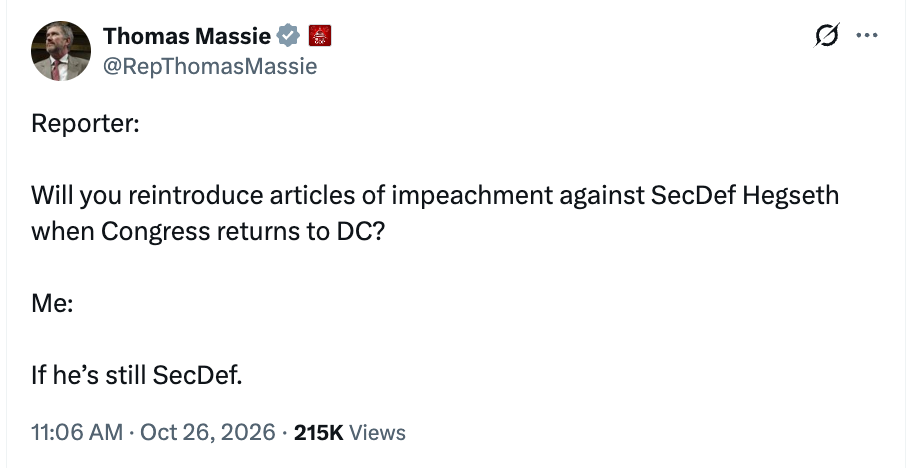 O republicano jura que vai pressionar pela impeachment de Hegseth, mesmo se os democratas vencerem nas eleições intermediárias