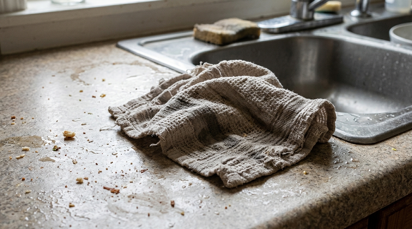 Profissionais de limpeza concordam: usar um pano só na cozinha é o erro, o certo são três, um para bancada, um para louça e um para as mãos, e o pano pendurado na torneira é o que mais acumula bactéria