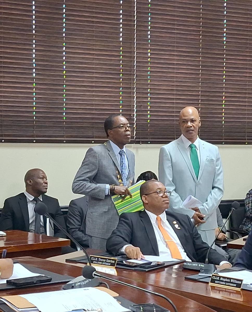 Mayor of May Pen Councillor Joel Williams and deputy mayor Councillor Clive Mundle during Friday’s meeting inside council chamber at the Clarendon Municipal Corporation.