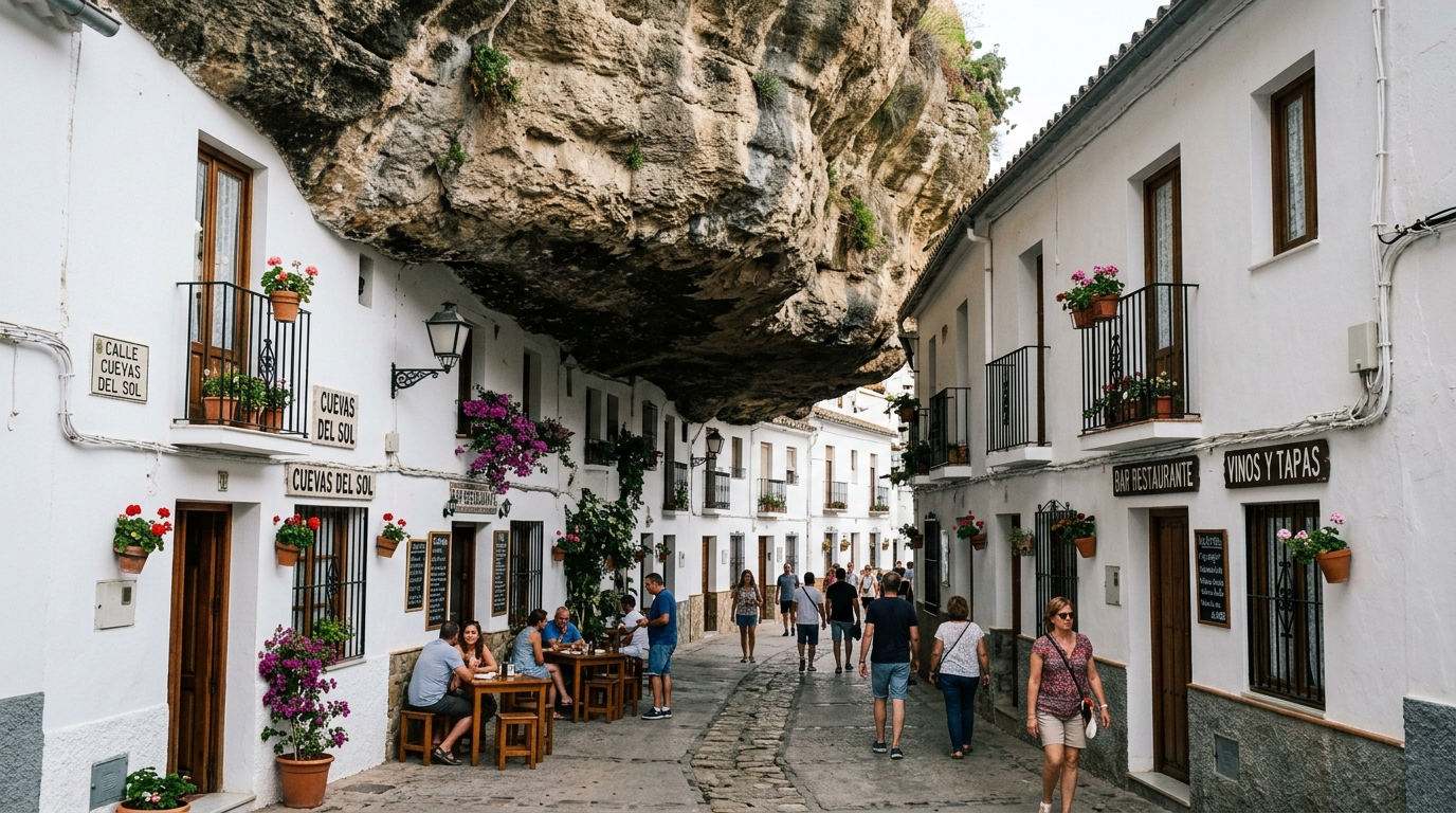 Na Espanha, ruas inteiras desaparecem sob a montanha e o teto natural de pedra virou sombra, microclima e espaço para bares e restaurantes