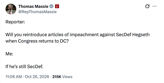 Massie posted an exchange with an unidentified reporter on his X account, signaling that he intended to move forward with the plans