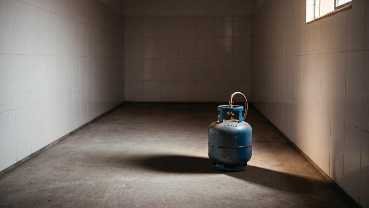 Técnico de gás é chamado para trocar botijão dentro de armário fechado da cozinha, cancela o serviço e explica a distância mínima que a instalação precisa respeitar do fogão