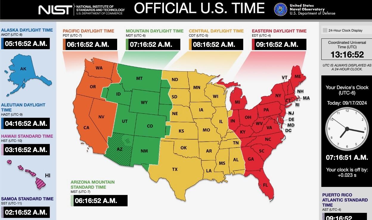 Colorful map of time zones in the United States