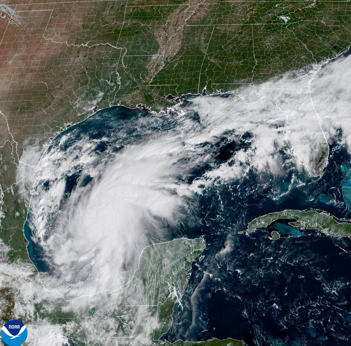 This satellite image from the National Oceanic and Atmospheric Administration shows Tropical Storm Isaias off the eastern coast of Mexico on Wednesday, October 7, 2026. (National Oceanic and Atmospheric Administration via AP)