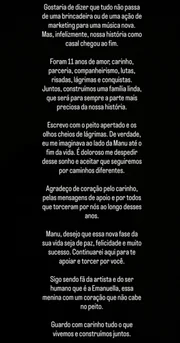 Texto do ex-marido de Manu Bahtidão sobre a separação