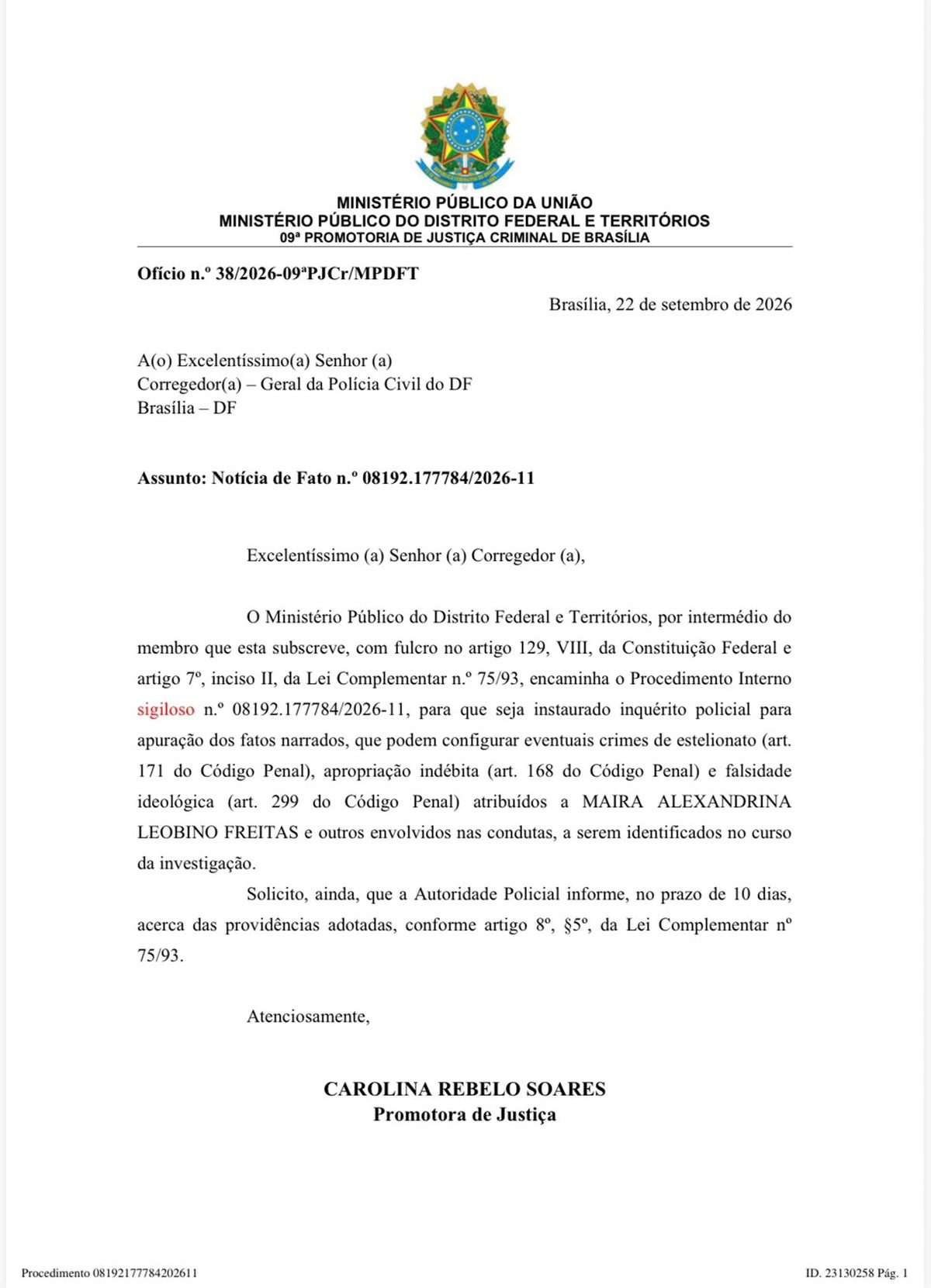 MP pede investigação de suposta médium Maira Rocha por crime de estelionato